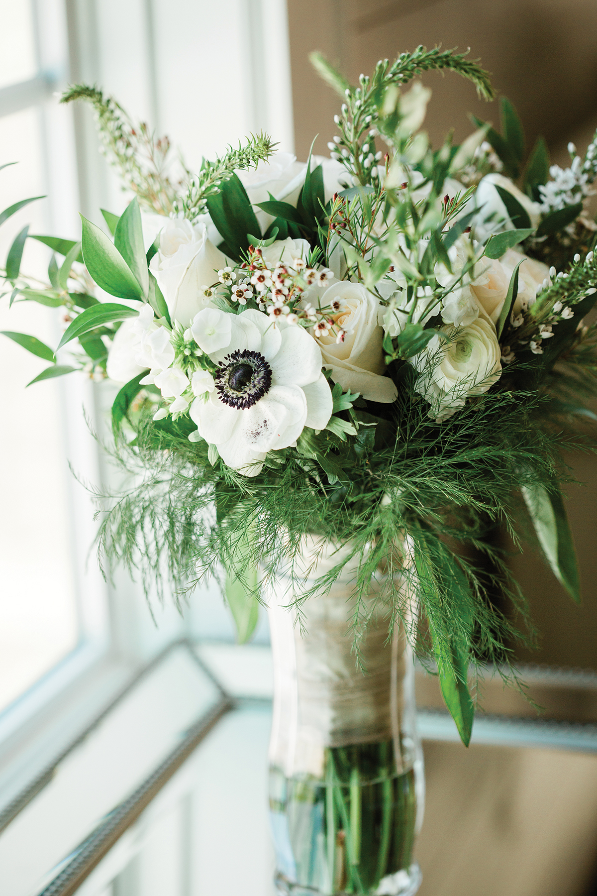 Ashlyn + Brock Harrell wedding Oak Meadow bouquet green white