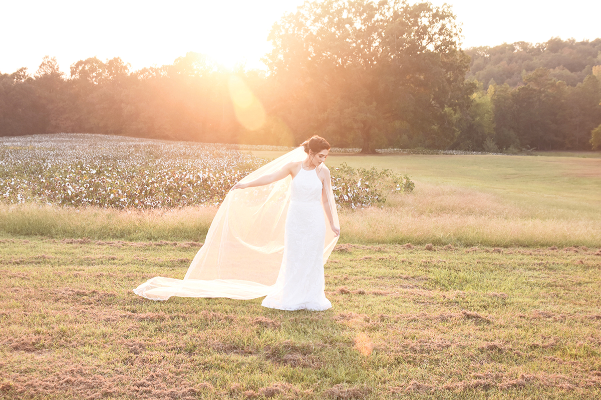 Jordan + Jordan Moore wedding bride shoot cotton field sunset