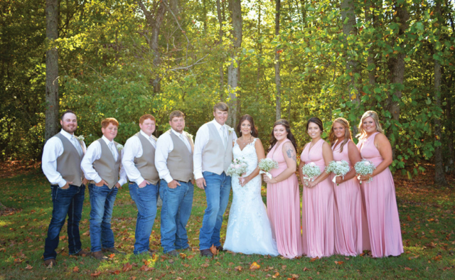 Shannon + Chris Naylor wedding party pink dresses jeans