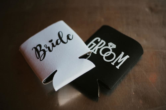 Bride and Groom drink coozies wedding favor