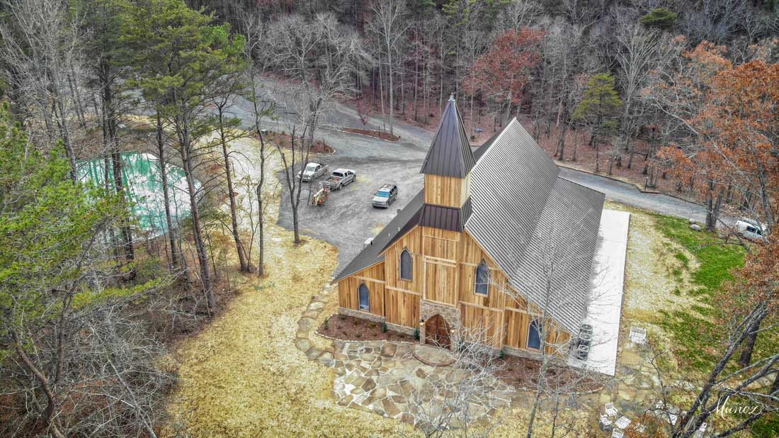 Drone view of Burns Bluff wedding chapel