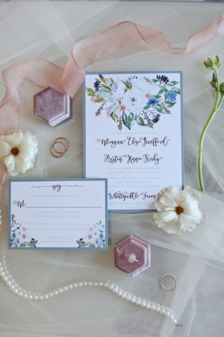 custom wedding invitations painted flowers pink velvet box
