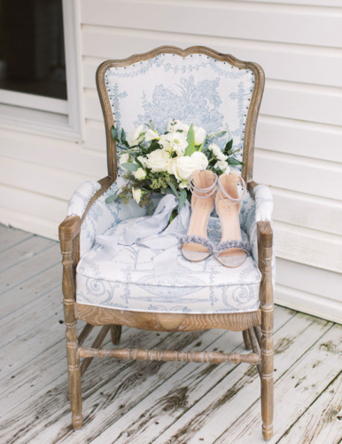 vintage French toile chair wedding shoes white bouquet