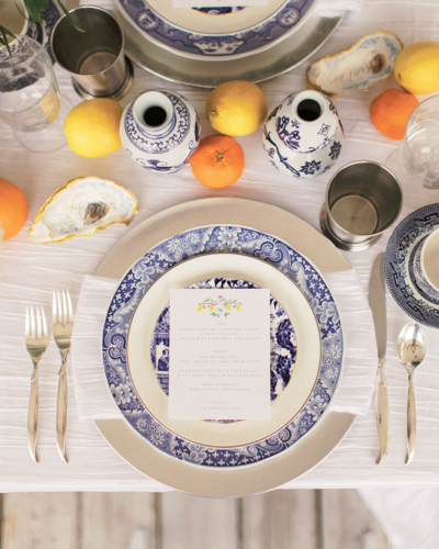 southern wedding country blue detailed plate oranges and lemons