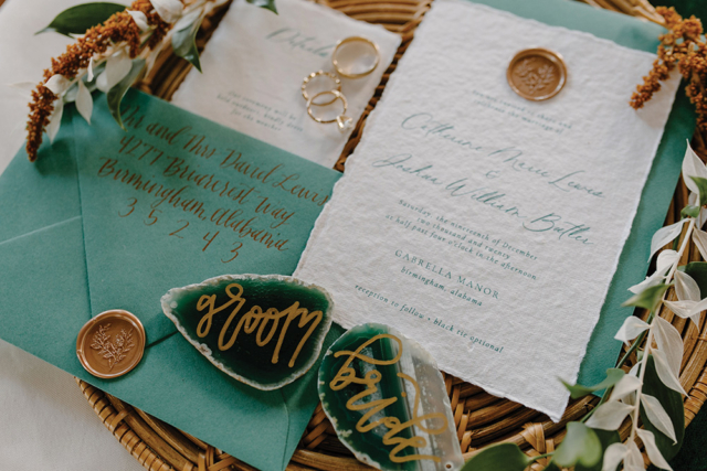 handwritten script wedding invitations emerald and gold