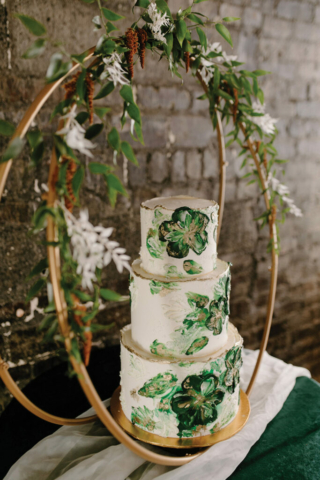 wedding cake handpainted emerald and gold