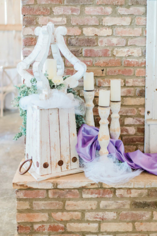 lavender French Country theme wedding decor fireplace candle sticks