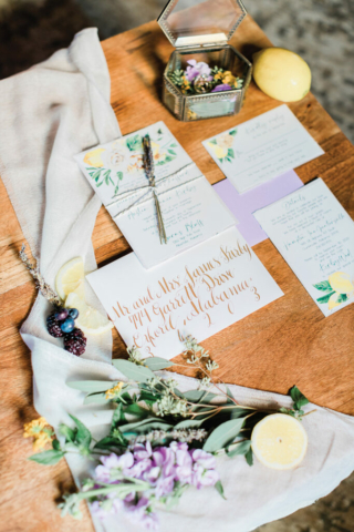 hand lettering wedding invitations lemon and lavender fresh flowers gold