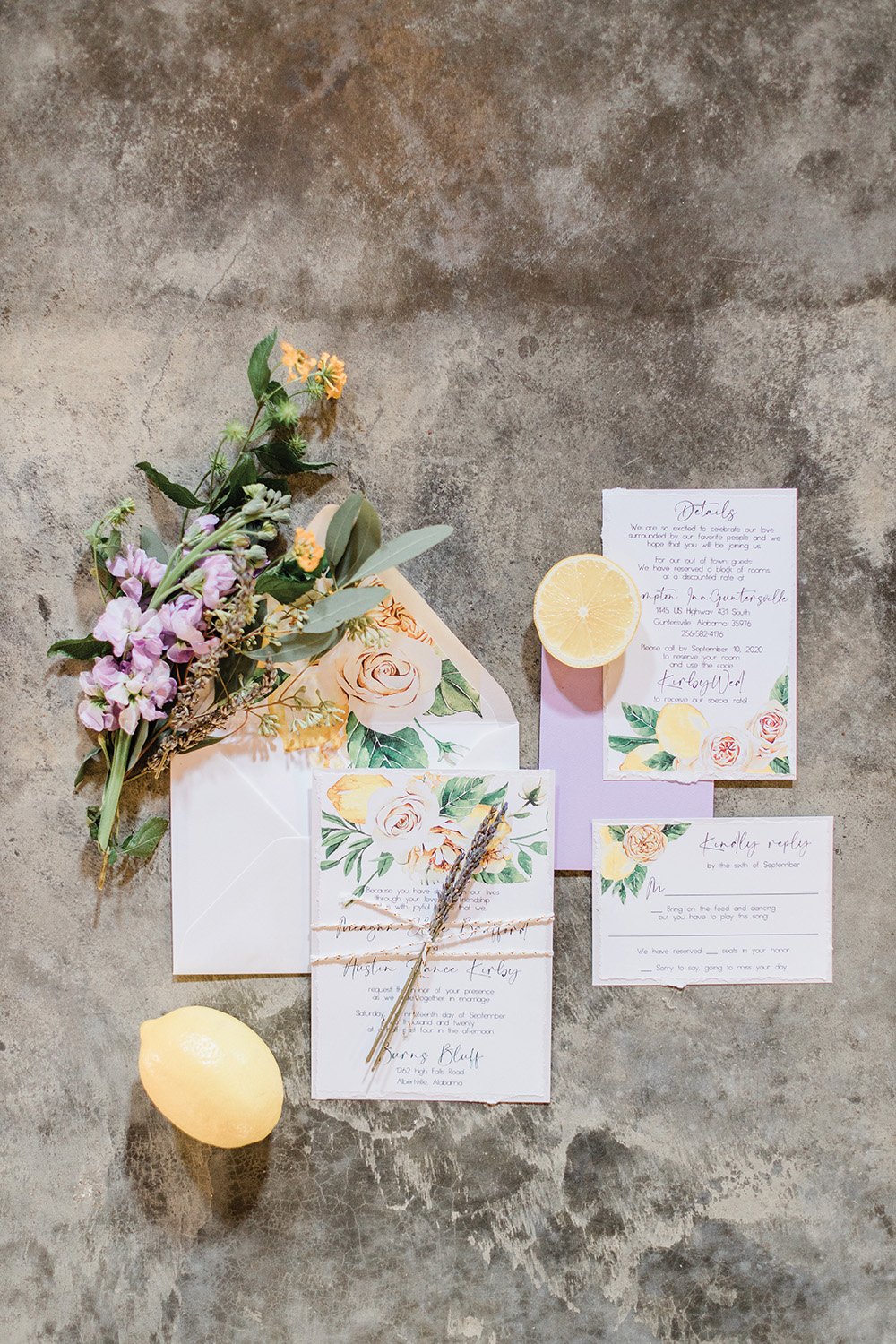handwritten script lemon wedding invitations with fresh lavender