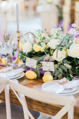 wedding tablescape lemon name plates with flower bouquet lavender