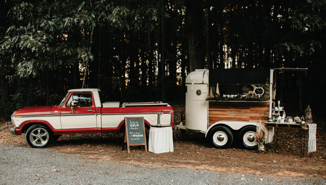 winter wedding hot chocolate bar vintage truck and trailer