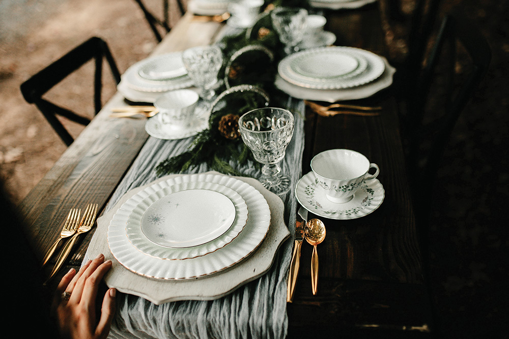 winter wedding outdoors table white vintage china